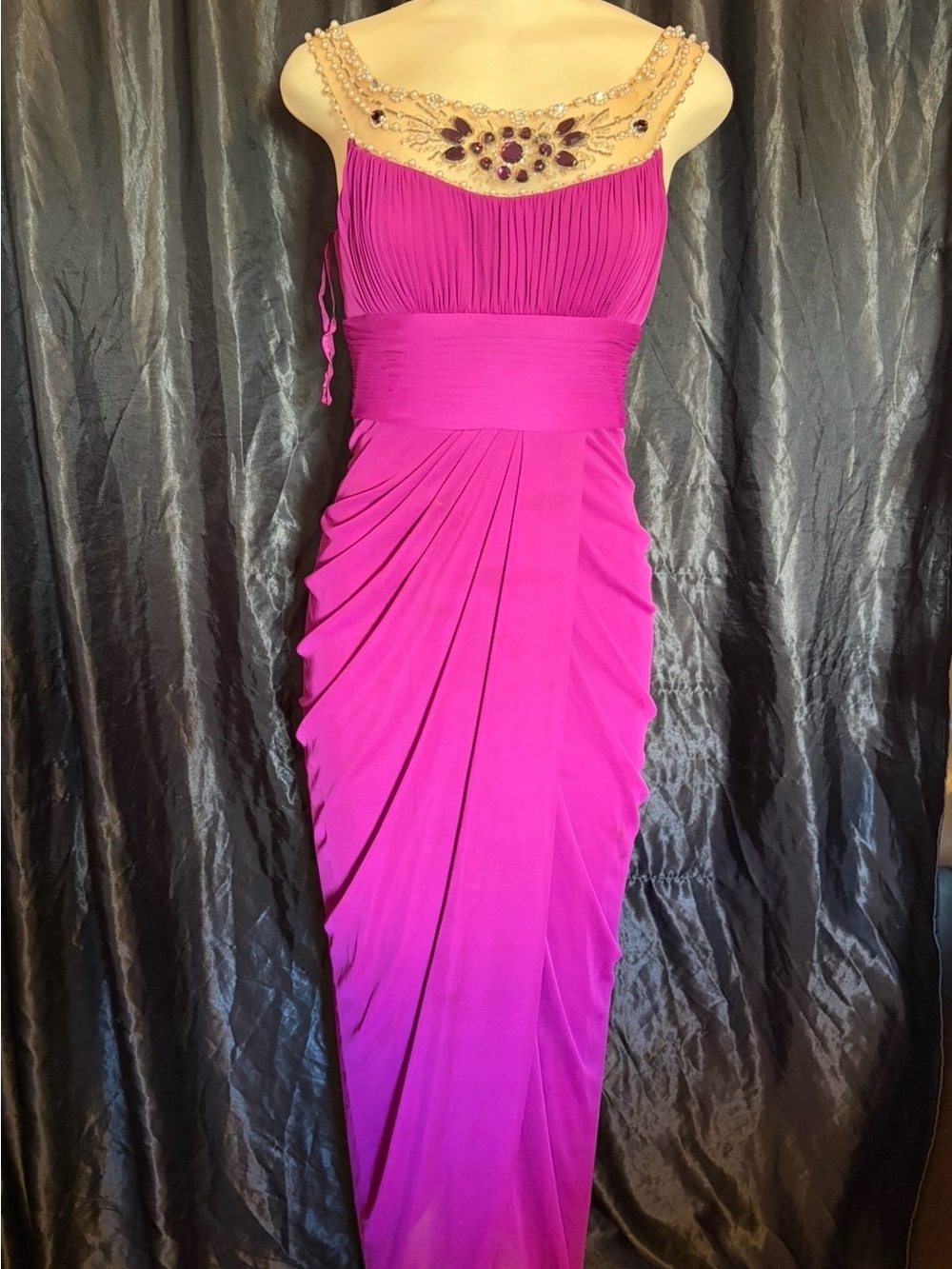 Adrianna Papell Fuchsia Beaded Illusion Neck Maxi Dress